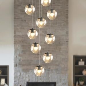 10-Light LED Staircase Modern Glass Globe Pendant Light Large Chandeliers for High Ceilings, Entryway Lighting Fixture Villas and Stairs