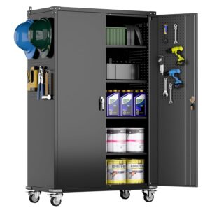 2025 Upgraded Wide & Deep Garage Storage Cabinet with Wheels, Lockable Metal Storage Cabinet with Pegboards and 9 Hooks, 2 Tool Pouches for Garage,4 Adjustable Shelves...