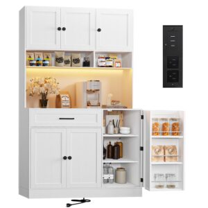 72" Kitchen Pantry Cabinet with LED Light and Charging Station Tall Pantry Storage Cabinet with Adjustable Shelves and Door Shelves Modern Kitchen Hutch with Microwave Stand and...
