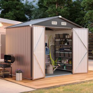 Aoxun 8x6FT Shed with Floor Galvanized Steel Outdoor Storage Shed Metal Garden Shed with Double Doors, Moisture-Proof Floor & Ventilation, Sloped Roof for Bike/Generator/Tool...