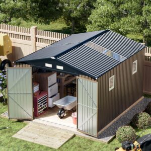Breezz 10x12 FT Outdoor Storage Shed with Skylight Roof Panels, Metal Garden Tool Shed with Lockable Doors and Windows, Large Utility Shed for Patio Backyard Storage, Brown