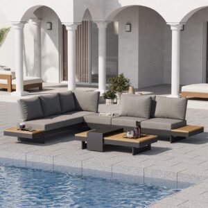 homary Outdoor Conversation Sets, 6 Piece Aluminum & Teak Patio Sectional Sofa Set with Adjustable Backrests, Waterproof Cushions, Ideal for Patios & Balconies | Outdoor...