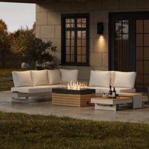 homary Patio Conversation Sets with Fire Pit-Modular Outdoor Sofa Aluminum & Teak Outdoor Sofa Se with Glass Wind Guard Ideal for Patios & Balconies, Light Gray