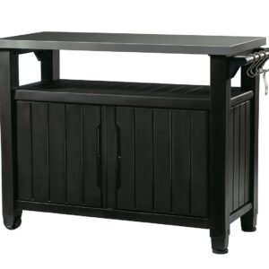 Keter Unity XL Portable Outdoor Table with Stainless Steel Top for Kitchen Prep and Outdoor Storage Cabinet for Grilling Accessories, Dark Grey