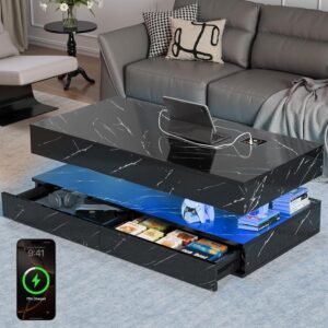 LED Coffee Table, 47.2" Coffee Tables with Storage Drawers, Smart Living Room Table with Wireless Charging & Bluetooth Speaker,Modern Center Tables for Living Room, Black Marble