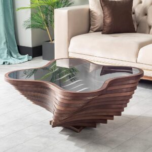 Papella Design Modern Coffee Table – Natural Walnut Veneer, Tempered Glass Top, Layered Wave Design, Rustic Wood, Contemporary Living Room Table, Luxury Home & Office Decor,...