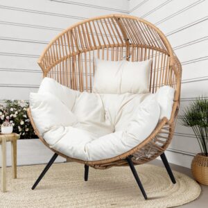Shintenchi Wicker Egg Chair Outdoor Rattan Patio Chair with Cushion,Oversized Patio Lounge Chairs with Cushion Egg Basket Chair, Egg Seat for Indoor Living Room Bedroom Outside...