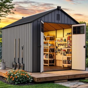 YITAHOME 8x10 FT Outdoor Storage Shed with Floor, Extra Thick Plastic Garden Shed for Bikes, Tools and Pool Supplies, Outdoor Resin Shed with Door Window Insert, Vents for...